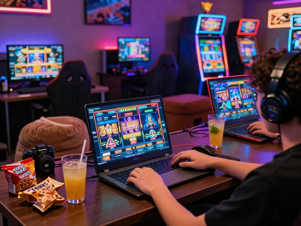 Engaging gaming scene showcasing a player enjoying slot gacor online, surrounded by colorful graphics and snacks.