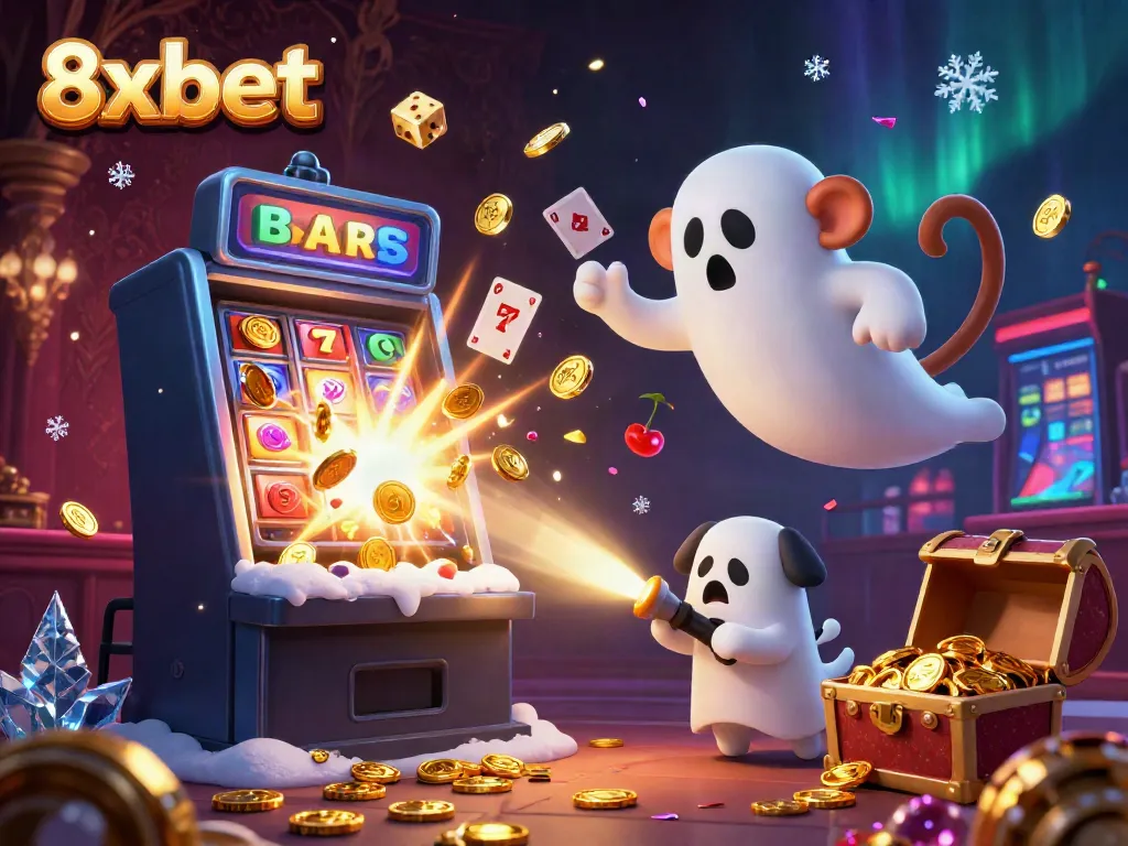 Experience the vibrant gaming world with 8xbet, featuring a playful poltergeist monkey in a haunted casino filled with treasures.