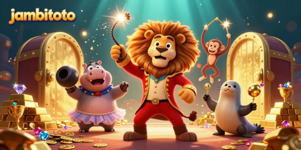 Experience the thrill of winning at Jambitoto with dynamic 3D characters and vibrant casino elements.