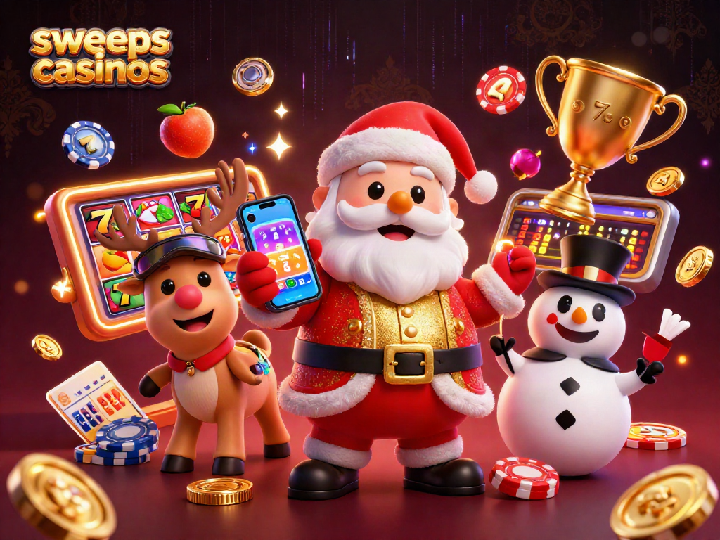 Experience thrilling gameplay at sweeps casinos with a festive illustration featuring characters and dynamic gaming elements.