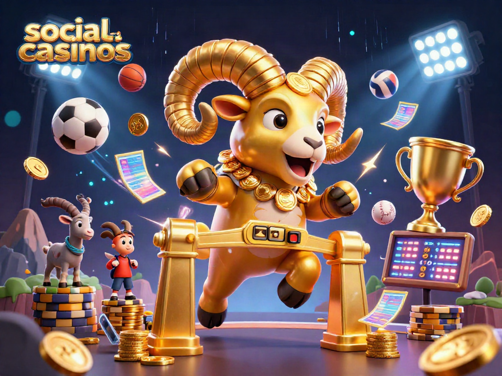 Experience the thrill of social casinos with a golden ram charging through a dazzling scene of sports and excitement.