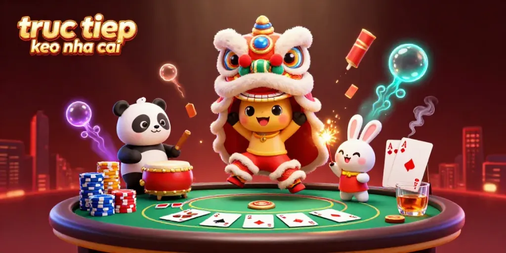 Engage with truc tiep keo nha cai in a lively 3D casino scene featuring fun characters, poker elements, and vibrant decorations.