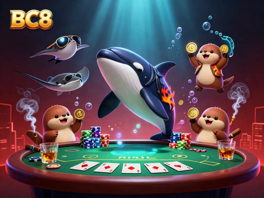 Experience excitement at BC8 with a lively scene featuring a 3D orca whale, stingray, sea otters, and colorful poker elements.
