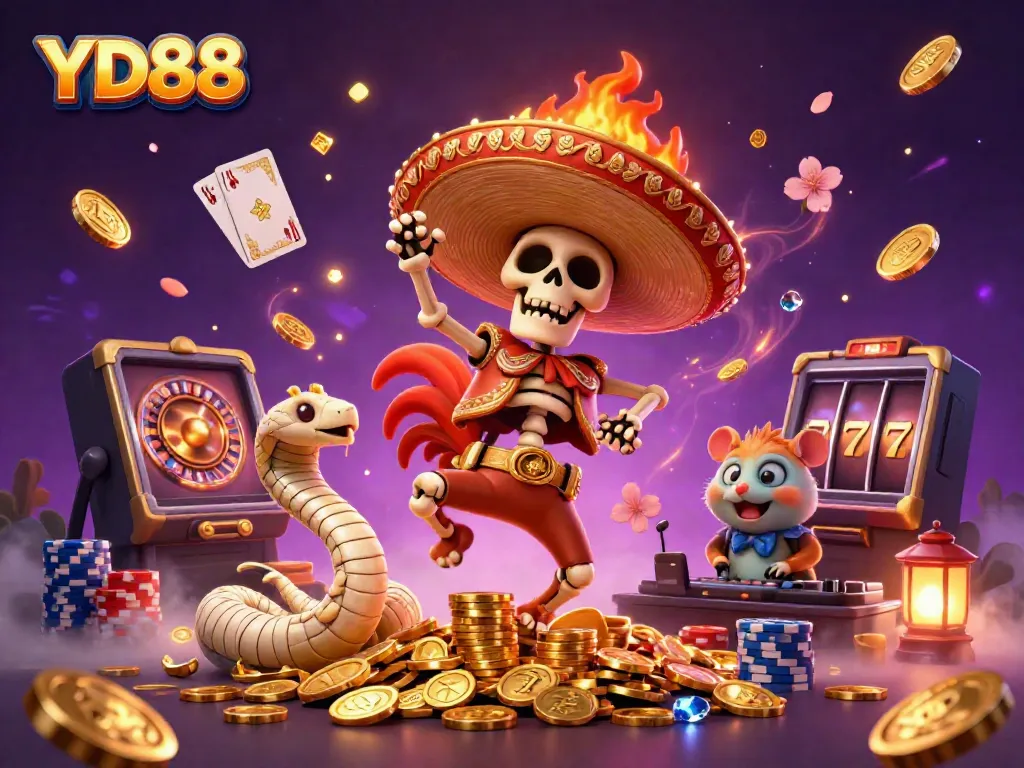 YD88 captures a victorious mariachi rooster dancing amidst golden casino coins and vibrant gaming elements.