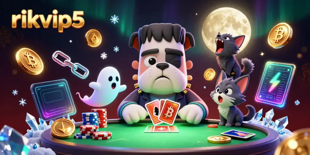 Engage in thrilling card games with rikvip5, featuring a playful Frankenstein bulldog and spooky scenes.