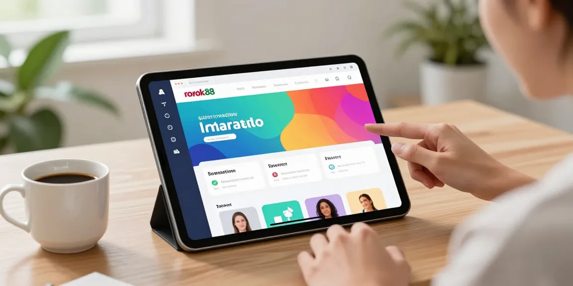 User interacting with the rokok88 super platform on a tablet in a modern setting, showcasing sleek design and vibrant graphics.