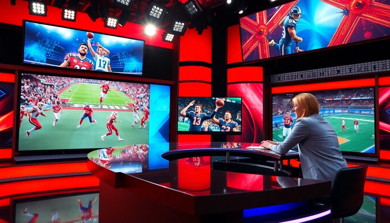 Captivating scene of sports broadcasting with hosts discussing live events in a vibrant studio.