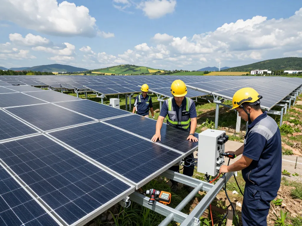 Technicians installing high-efficiency PV-Module für Solarparks at a solar park, showcasing collaboration and innovation.