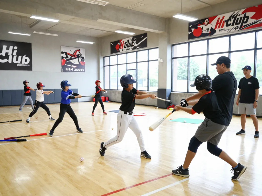 Young players training at Hitclub, practicing baseball skills in a bright facility.