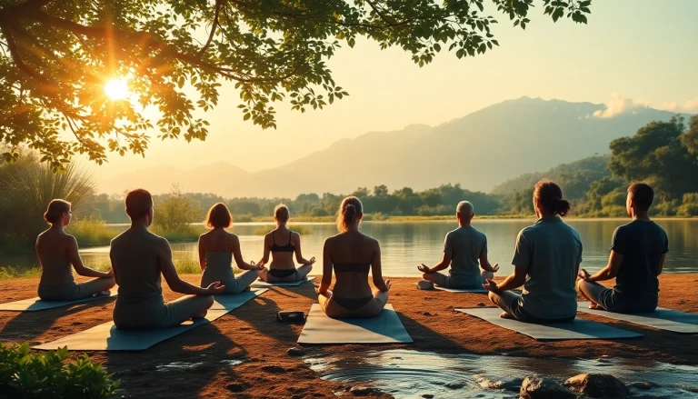 Engaged individuals practicing mental wellness in a tranquil natural setting.
