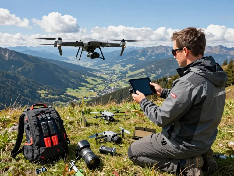 Professional pilot demonstrating droni professionali equipped with high-resolution cameras in a stunning outdoor landscape.
