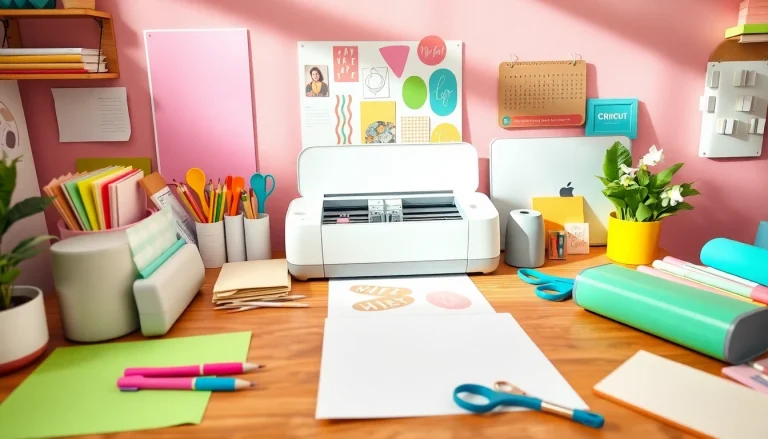 Cricut for beginners: A colorful crafting workspace with tools and materials
