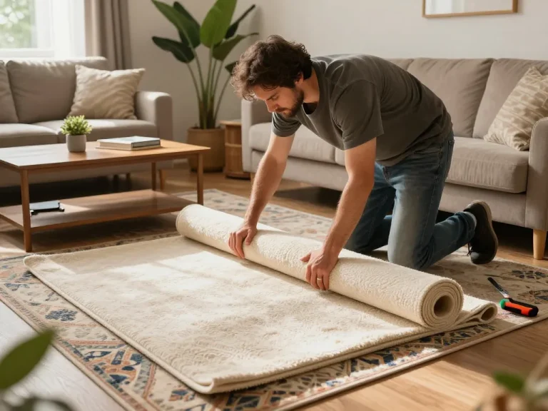 Expert carpet fitting services West London in a cozy living room, showcasing a professional installer at work with tools.
