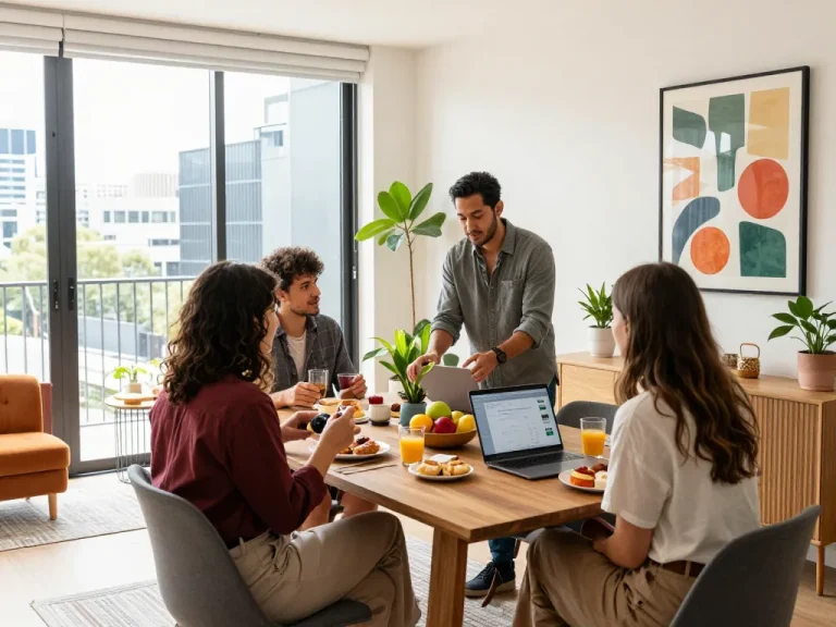 Airbnb Management Melbourne - Welcoming short-term rental in a stylish Melbourne apartment with happy guests and a host.