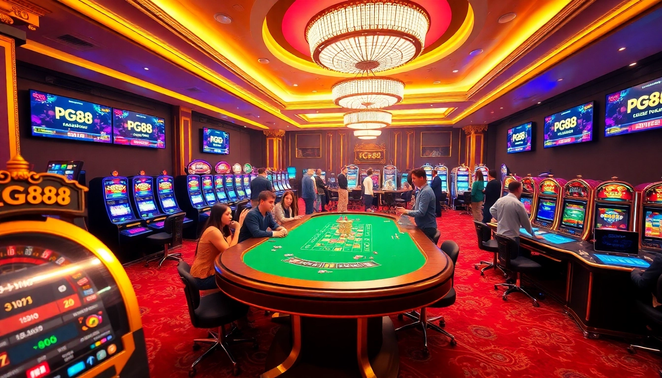 Players enjoying an exhilarating PG88 gaming experience with vibrant casino elements.