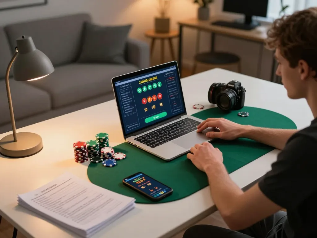 Player enjoying online poker at home with a laptop, featuring FC88 betting strategies on display
