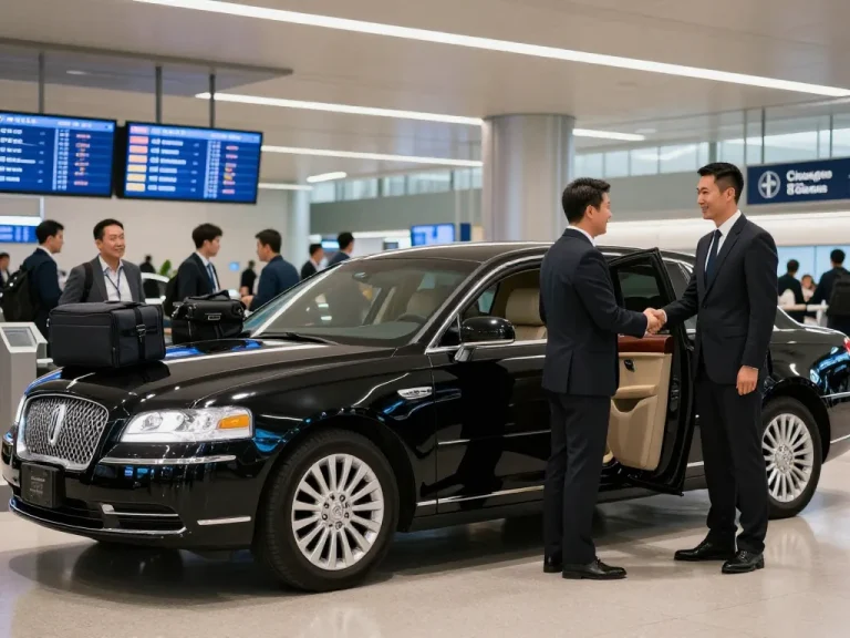 Chauffeur providing Chicago black car service at O'Hare Airport with luxury vehicle and professional demeanor.