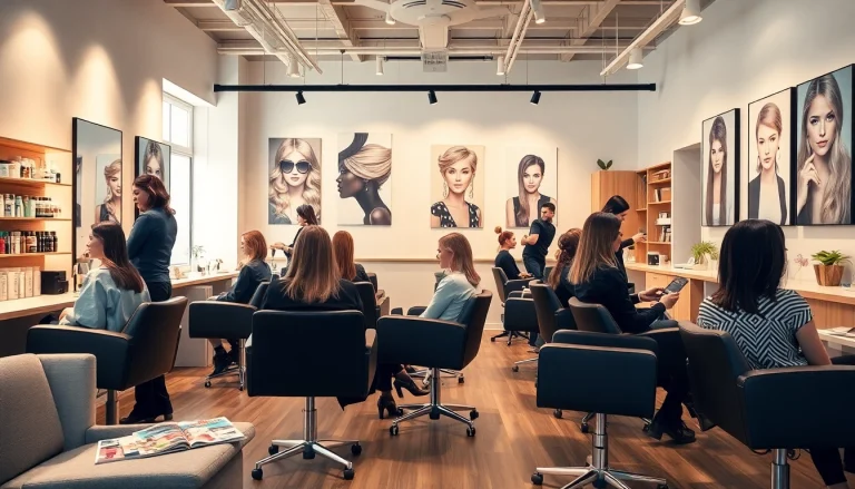 Engaging scene inside a best hair salon, showcasing diverse stylists and happy clients during trendy haircuts.