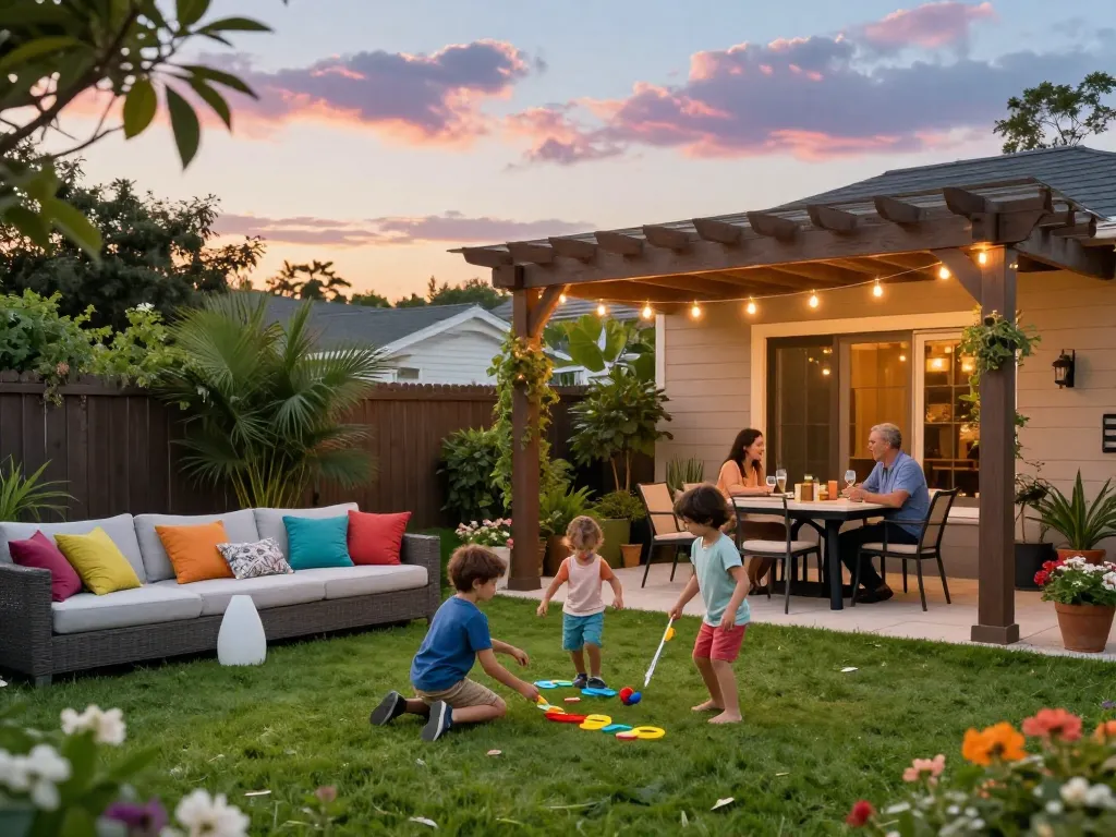 Custom pergola configurator showcasing a family enjoying a sunny day in their garden.