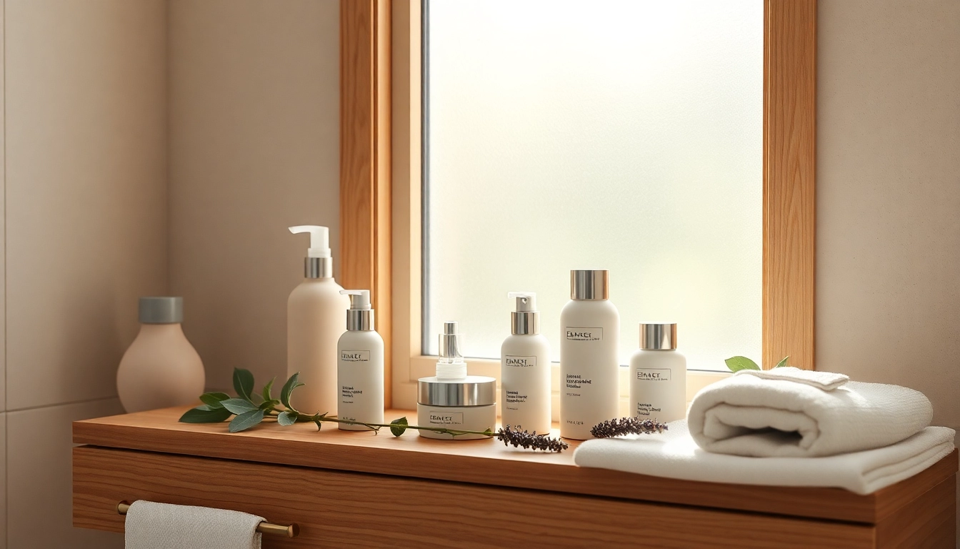 Microbiome friendly skincare products elegantly displayed in a serene bathroom setting with natural decor.