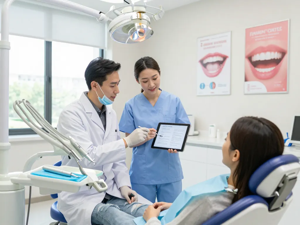 Dentists reviews scene with a dentist engaging with a patient while reviewing charts in a modern dental clinic.