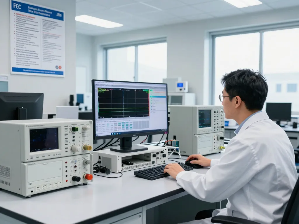 Expert engineer conducting RF testing for FCC compliance in a state-of-the-art lab.