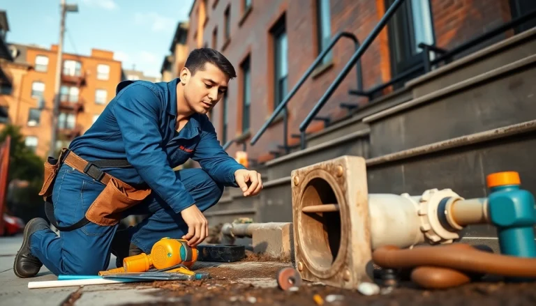 Emergency plumbing help for sewer backup with a professional plumber in action in NYC.