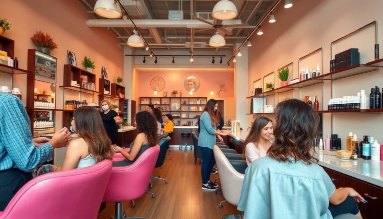 Best salons in city featuring a modern salon atmosphere with diverse stylists and clients enjoying beauty treatments.