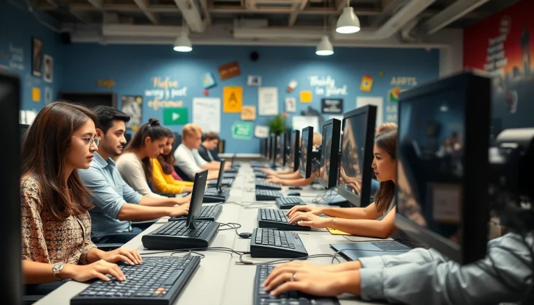 Efficient teamwork at a Typing Center showcasing diverse typists collaborating in a professional setting.