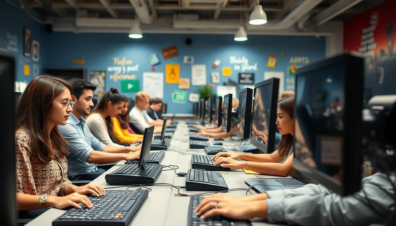 Efficient teamwork at a Typing Center showcasing diverse typists collaborating in a professional setting.