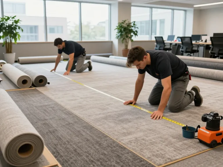 Professional team performing commercial carpet installation in a well-lit office space.
