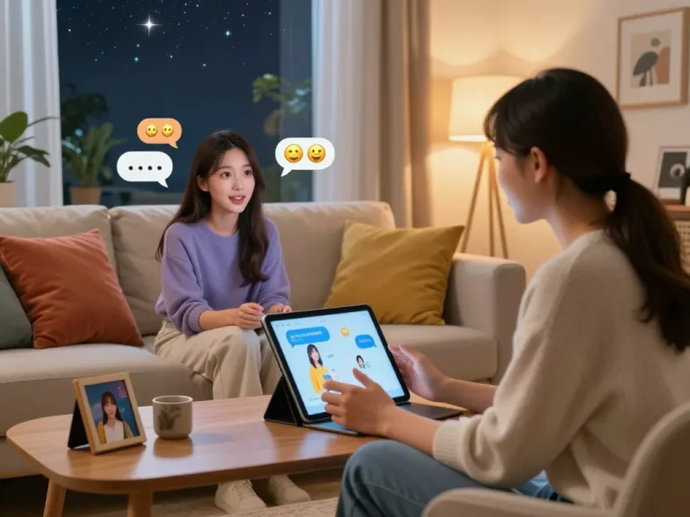 Engaging interaction with an AI gf in a cozy virtual setting, highlighting emotions and connection.