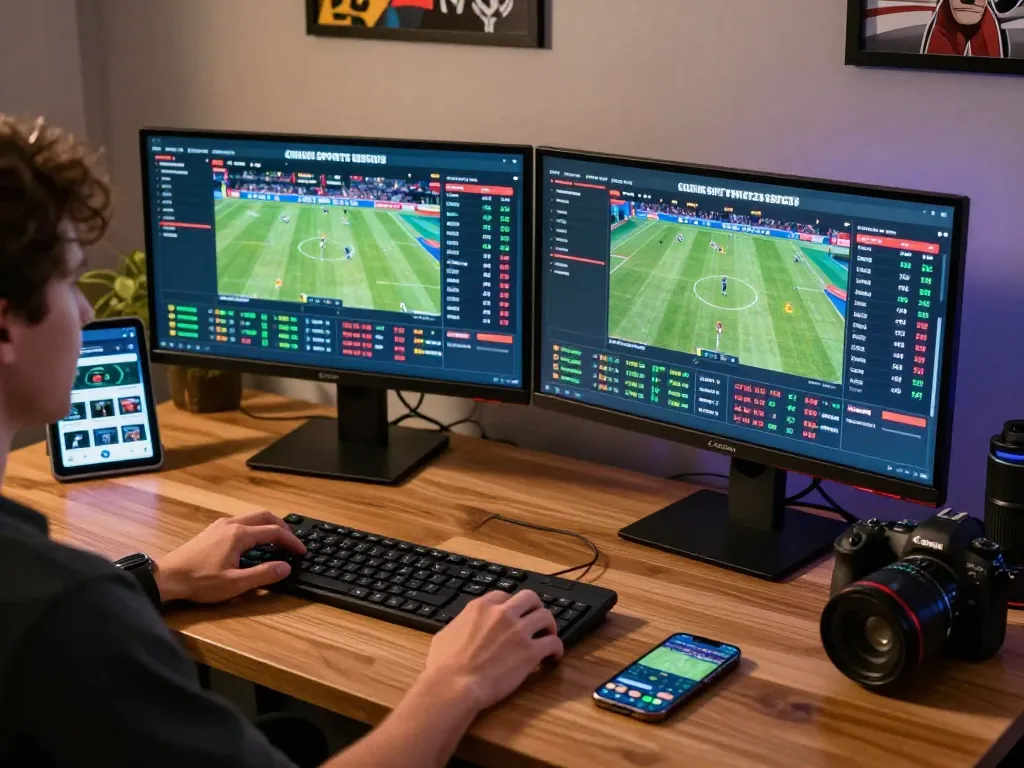 Betting with tỷ lệ kèo nhà cái 5 at dual monitors showing live sports odds in a stylish setup