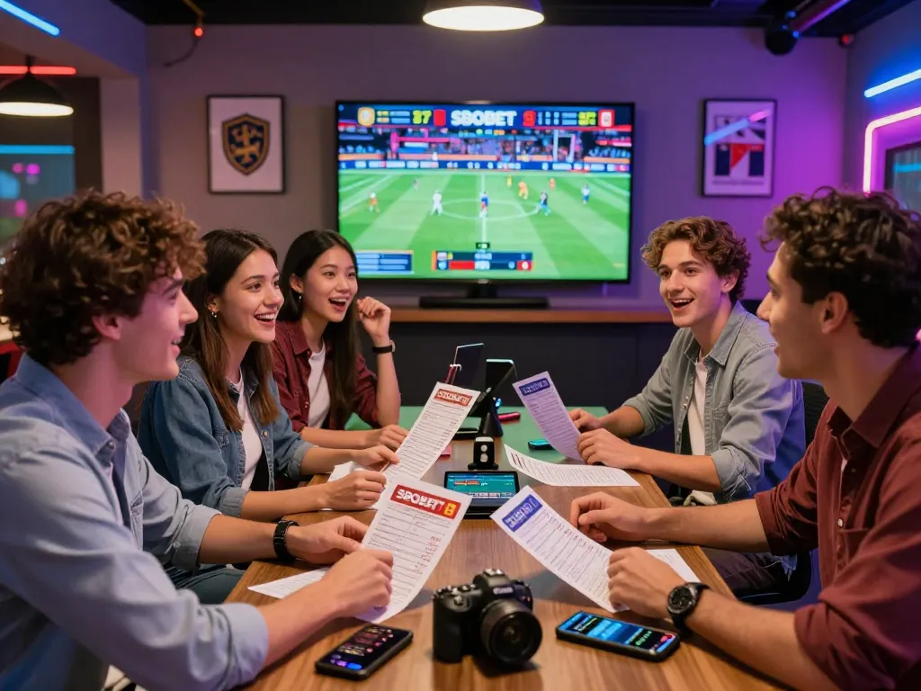 SBOBET betting scene with friends enjoying live sports and engaging in discussions.