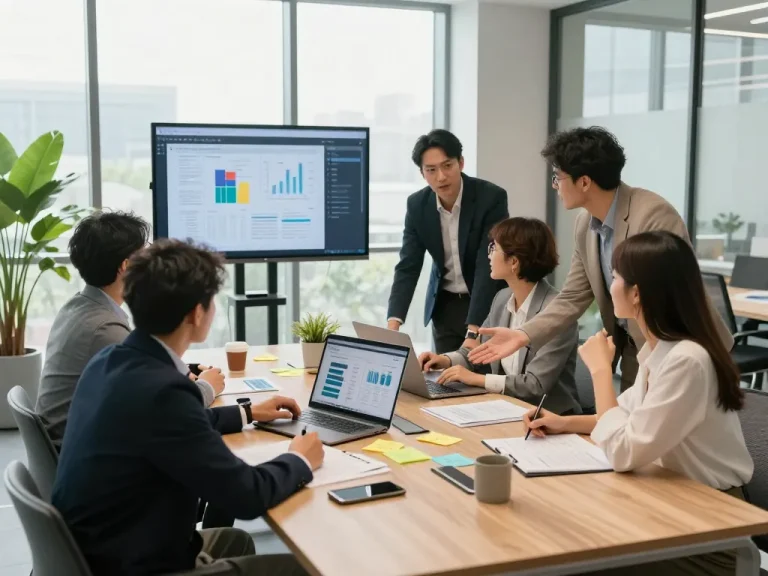 Business professionals collaborating on search firms strategy in a modern conference room.