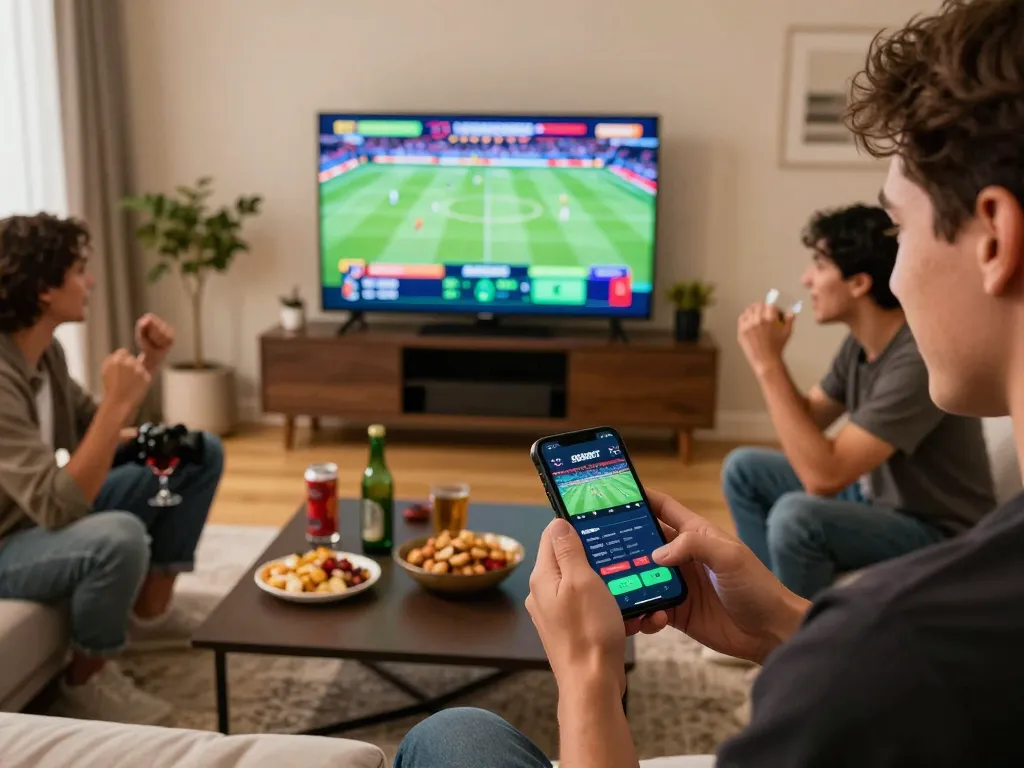 Aplikasi SBOBET ditampilkan di smartphone saat malam taruhan olahraga yang meriah bersama teman-teman