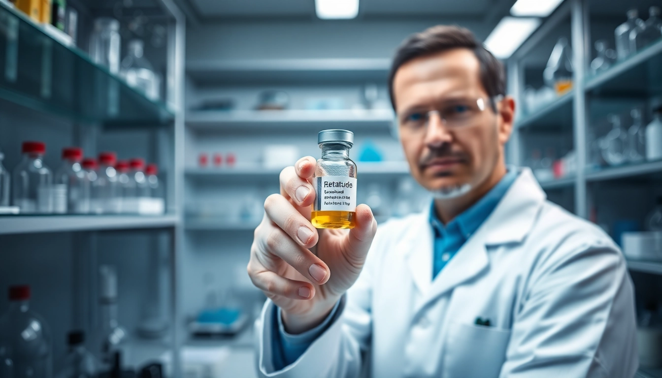Researcher analyzing Retatrutide in a bright laboratory environment, showcasing innovation.