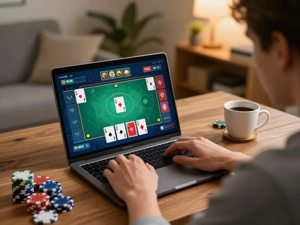 Player engaged in online poker on laptop showcasing fly888 interface in cozy home setting.