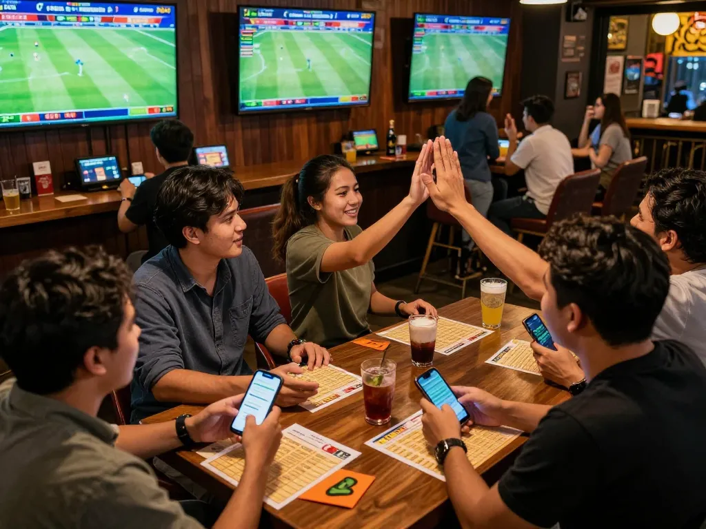Suasana menarik dari taruhan Judi Bola di bar olahraga yang hidup dengan layar yang menunjukkan pertandingan.