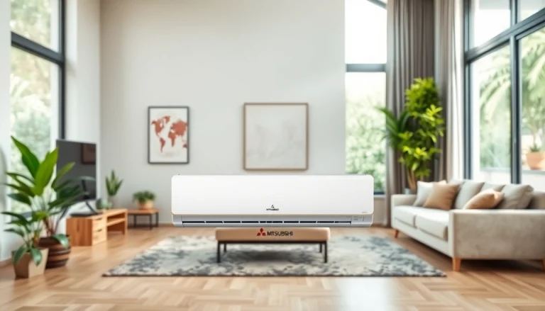 Mitsubishi mini split AC installed in a stylish living room, showcasing modern design details.