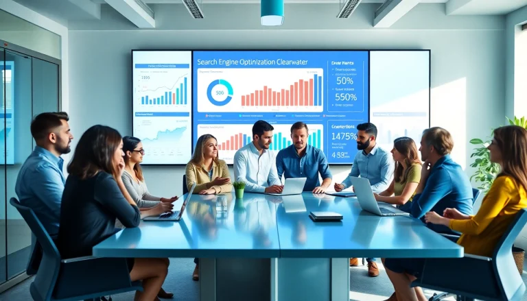 Team strategizing Search Engine Optimization Clearwater in a modern office, showcasing data analytics.
