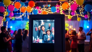 Guests enjoying a photo booth rental at a lively party, featuring colorful decorations and fun props.
