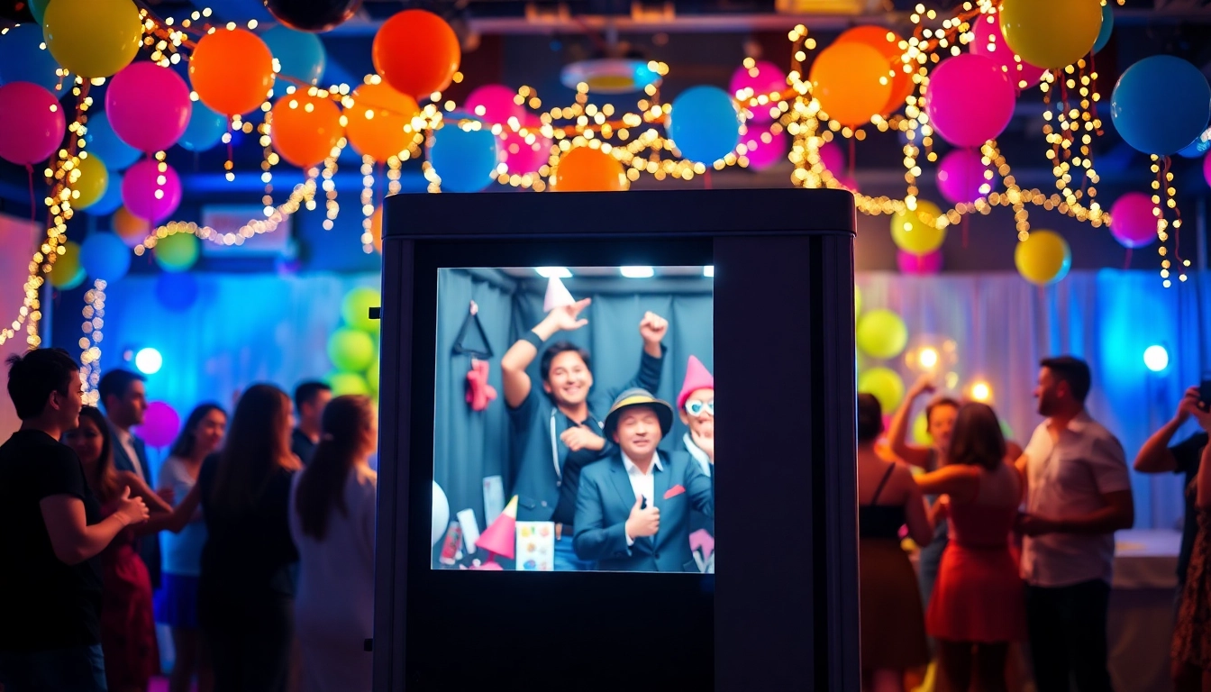 Guests enjoying a photo booth rental at a lively party, featuring colorful decorations and fun props.
