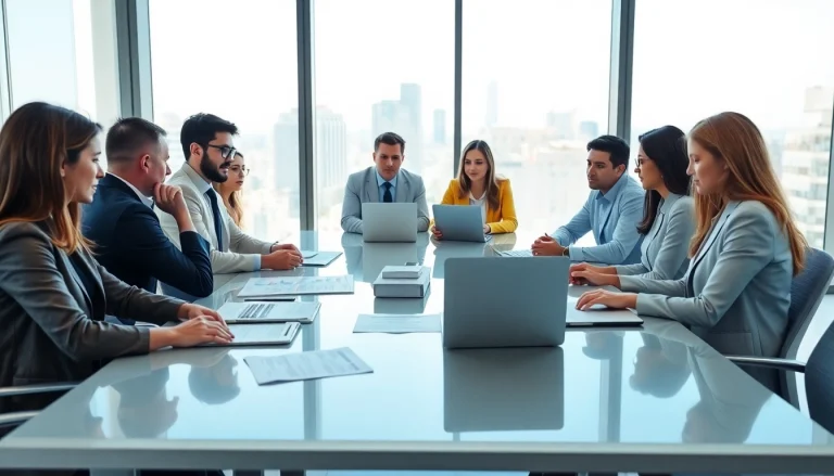 Collaborative professionals discussing Contract Management strategies in a modern workspace.