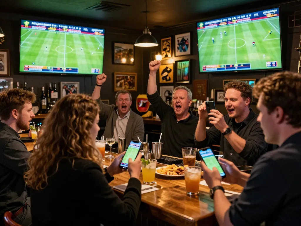 Aplikasi mobile SBOBET yang digunakan untuk taruhan olahraga dengan teman-teman selama pertandingan sepak bola langsung di bar yang ramai