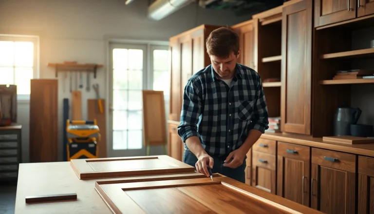 Cabinet Refacing Largo FL showcased in a professional workshop setting with a craftsman finishing cabinetry.