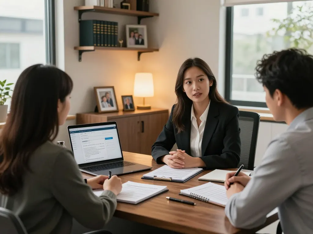 Estate planning lawyer Aurora consulting a couple in a modern office