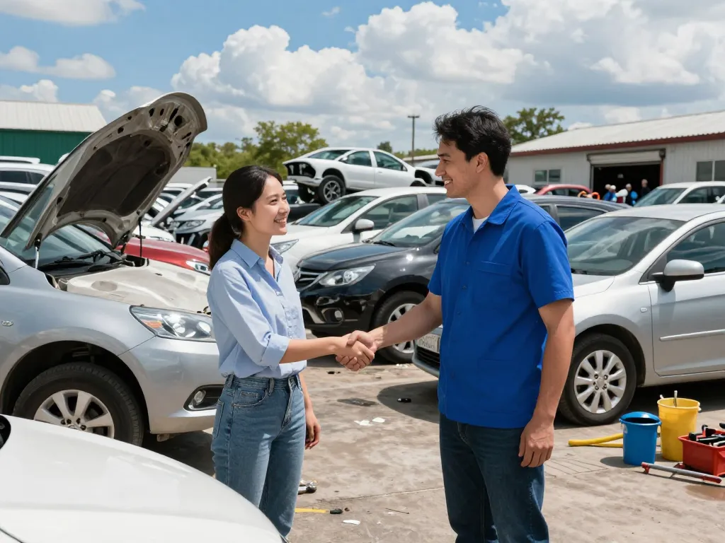 Cash for cars Lehigh Acres transaction at a vibrant car recycling yard with diverse vehicles.