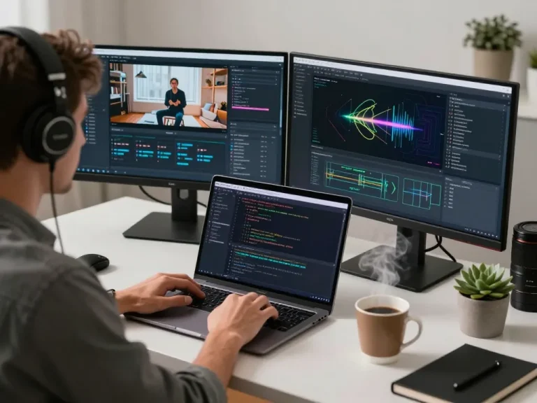 Developer coding on mind control ai project with dual monitors and innovative workspace.