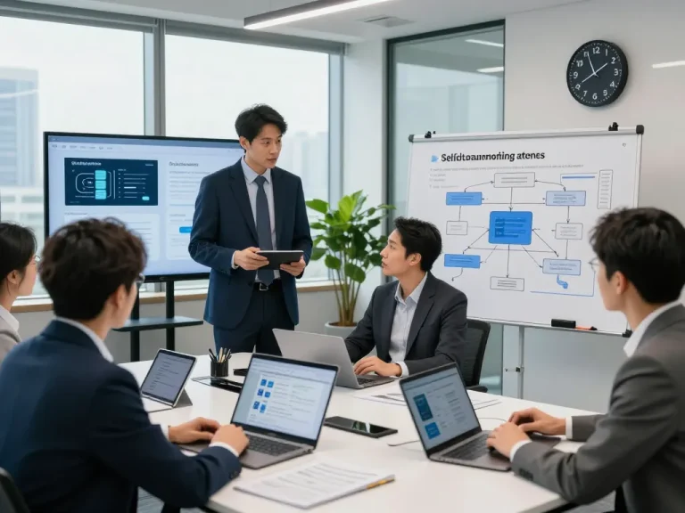 Automation consulting session with specialists and business owners discussing scalable solutions in a modern office.